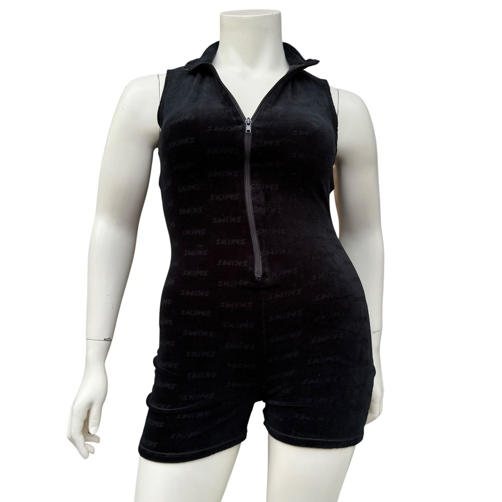 SKIMS Monogram Velour Romper Onyx Black Zip Front Y2K Loungewear Baddie Cyber XL